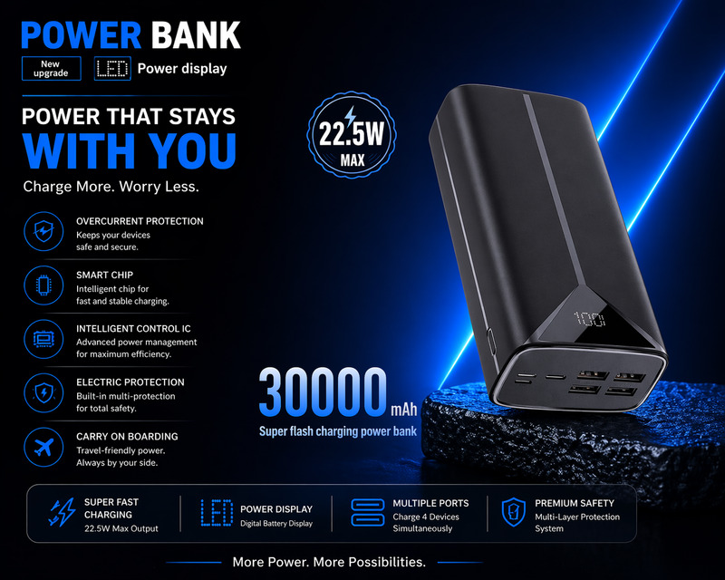 30000mAh Power Bank with Fast Charging – Reliable Power Anytime, Anywhere